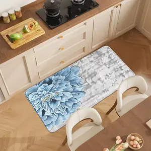 1pc Light Blue Oil Painting Peony Kitchen Rug, Soft 100% Polyester Mat for Bathroom Entryway Living Room Bedroom Bedside, Vintage Floral Pattern Easy to Clean, Artistic Home Decor Gift
