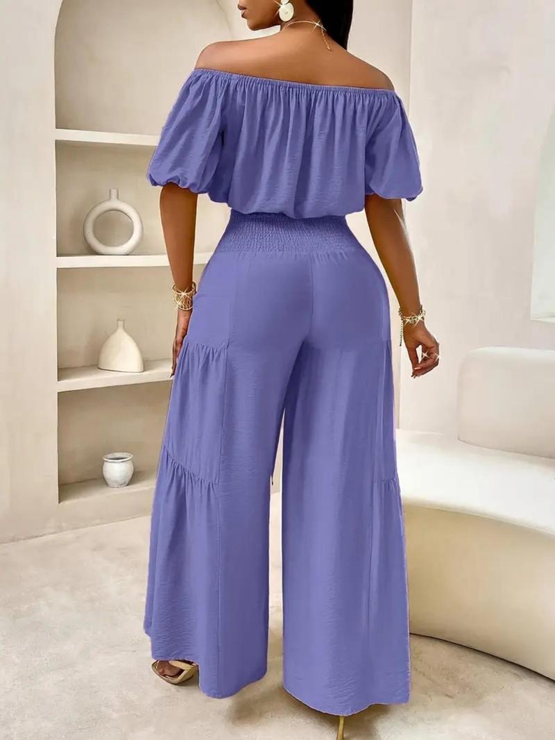 Women's Solid Off Shoulder Crop Top & Wide Leg Pants Set, Casual Breathable Fashion Cozy Baggy Top & Trousers for Daily Outdoor Wear, Ladies Clothes for Summer, Womenswear, Two Piece Outfits for Women