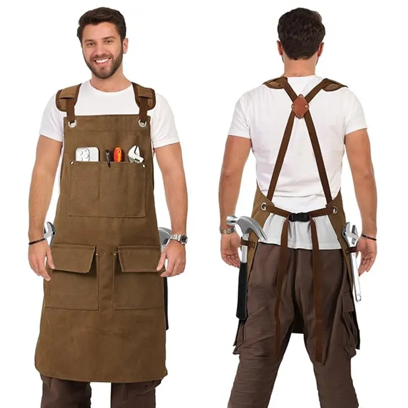 Multi-Pocket Waterproof Cooking Apron, Adjustable Cross-Back Canvas Apron, Ideal for Coffee Shop Chef, Durable and Practical Design, Aprons With Pockets