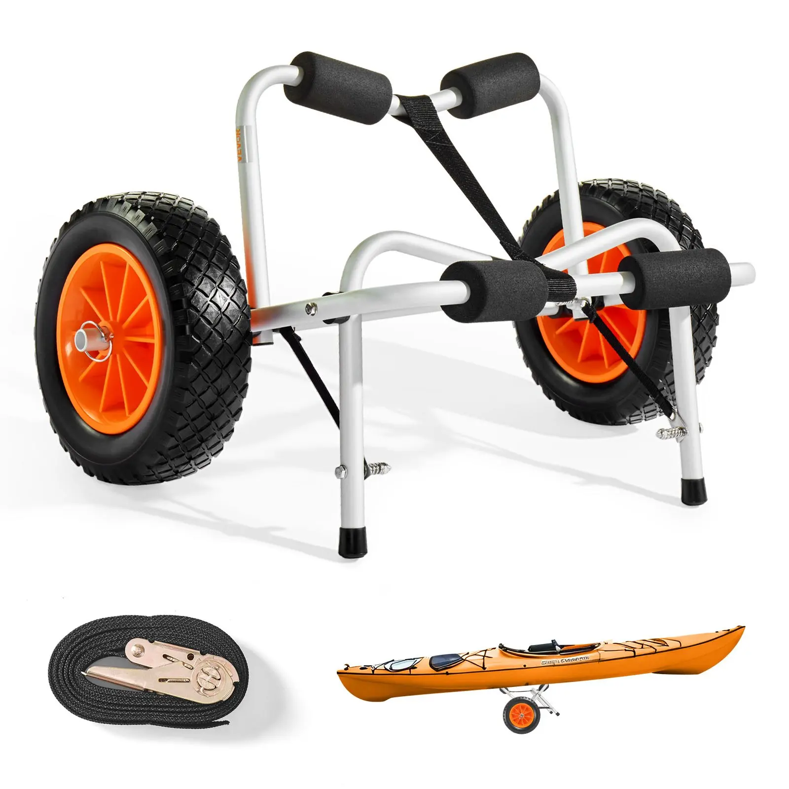 VEVOR Kayak Cart, 250 lbs Load Capacity, Foldable Kayak Trolley with 10-inch Solid Rubber Tires & 1 Ratchet Strap, Paddle Board Trolley for Carrying Kayaks, Canoes, Paddleboards, Float Mats, Jon Boat