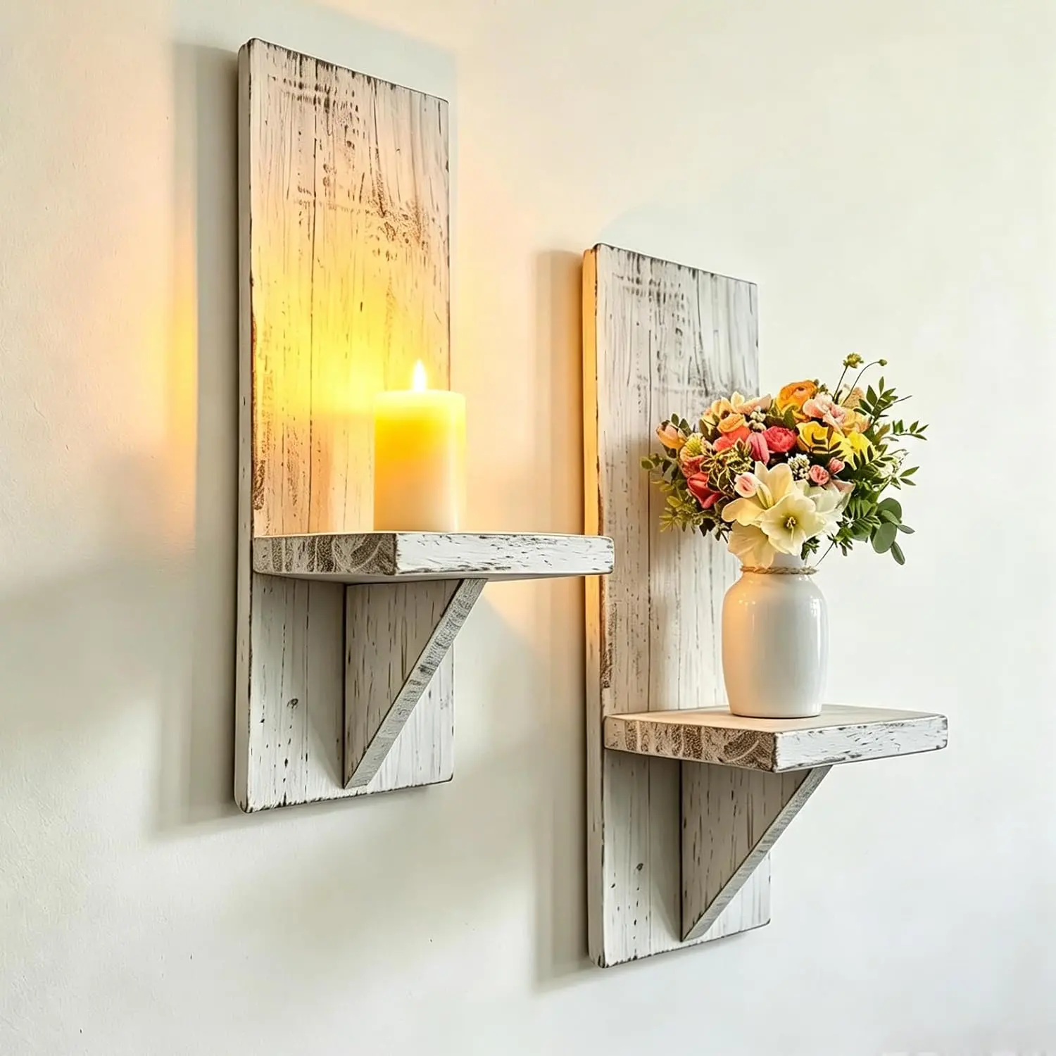 2 Pcs Distressed White Farmhouse Wall Candle Sconces, Rustic Vintage Wooden Wall Mount Candle Holders, Rustic Wall Decor Shelves for Living Room, Bedroom, and Bathroom