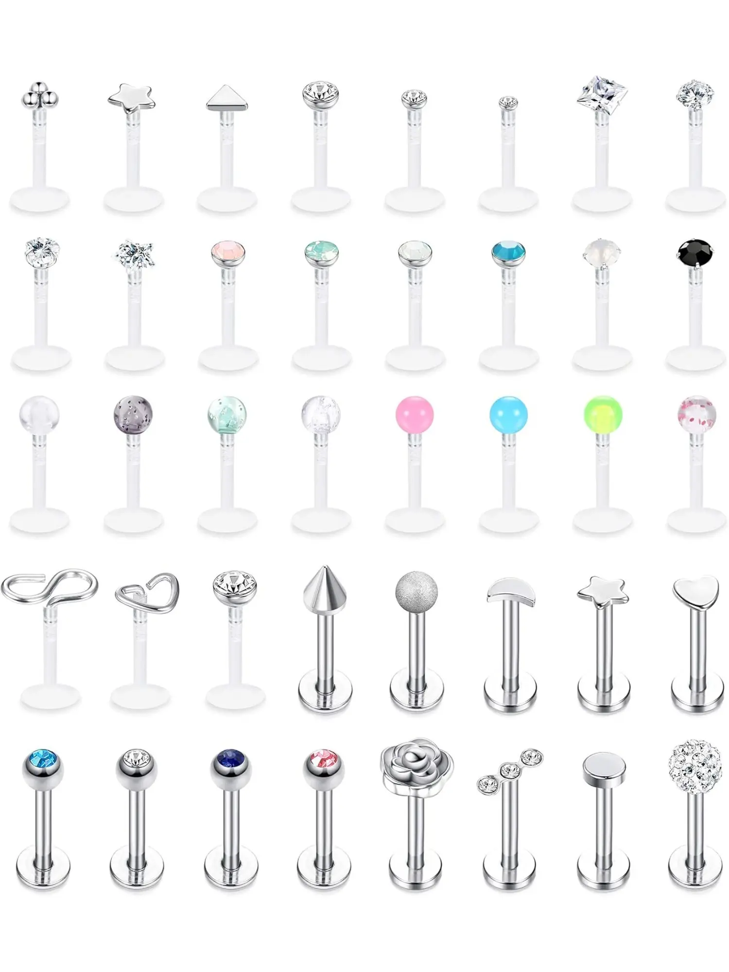40Pcs 16G Piercing Studs for Men Women, Stainless Steel & Clear Plastic Lip Nose Tragus Cartilage Earrings, Forward Helix Monroe Labret Medusa Body Piercing Jewelry