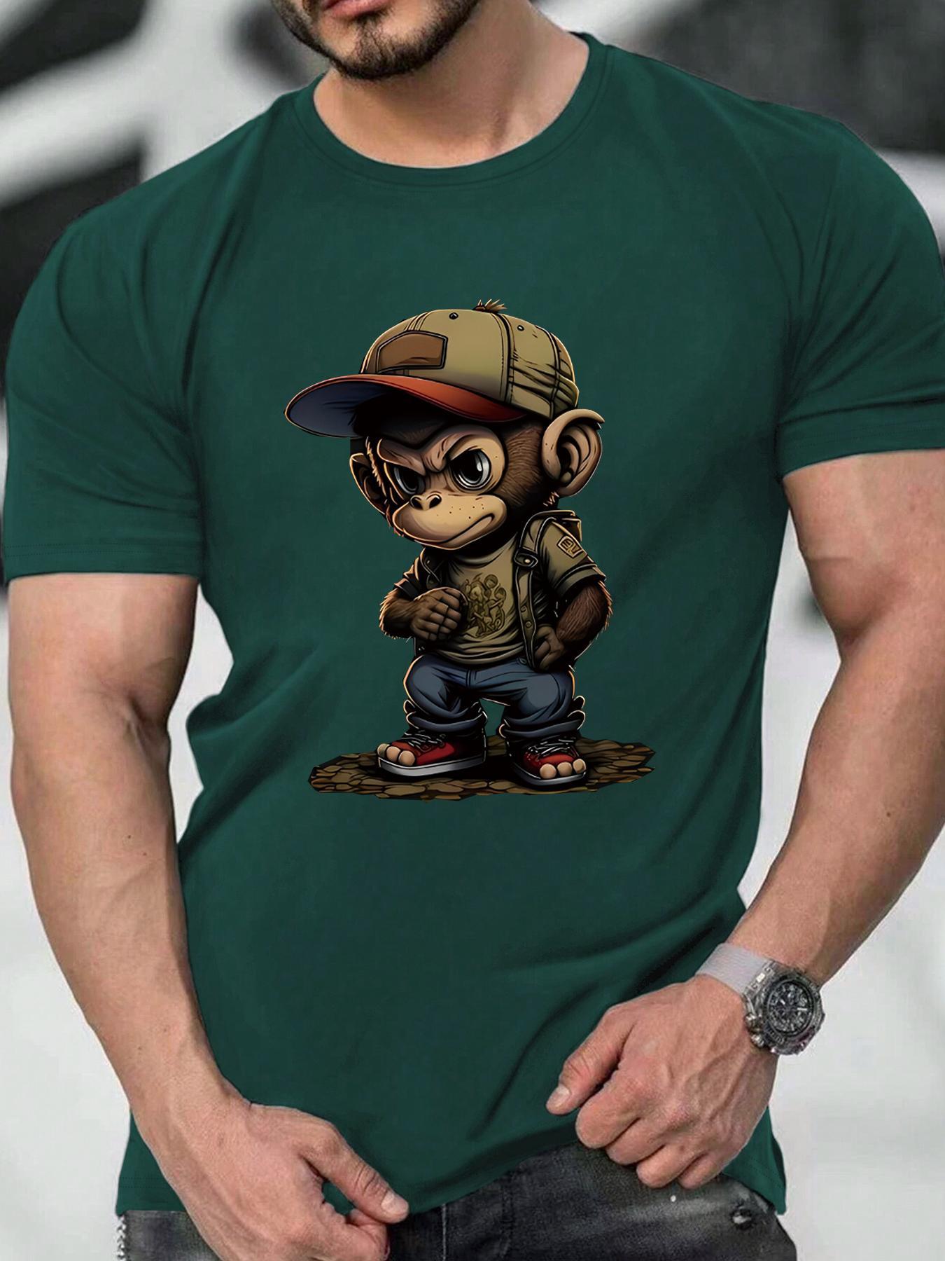 Men's Cartoon Monkey Print Round Neck Tee, Regular Fit Casual Comfy Streetwear Short Sleeve Crew Neck T-shirt for Summer, Fashion Men's Top for Daily Wear
