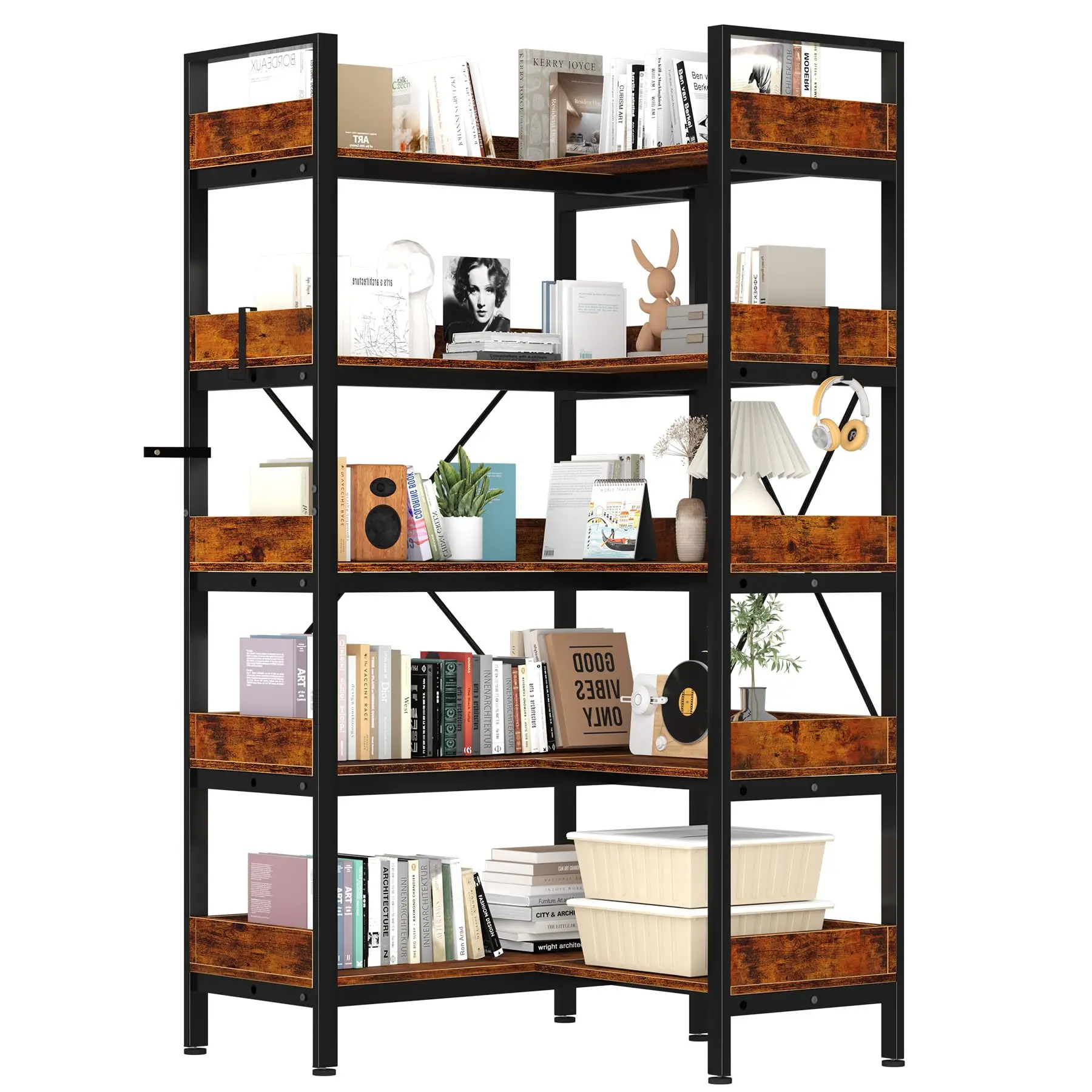 Industrial 5-Tier L-Shaped Corner Bookshelf, Rustic Brown Wood-Metal Bookcase with Reversible Design, Adjustable Ft for Living Room, Office, Bedroom