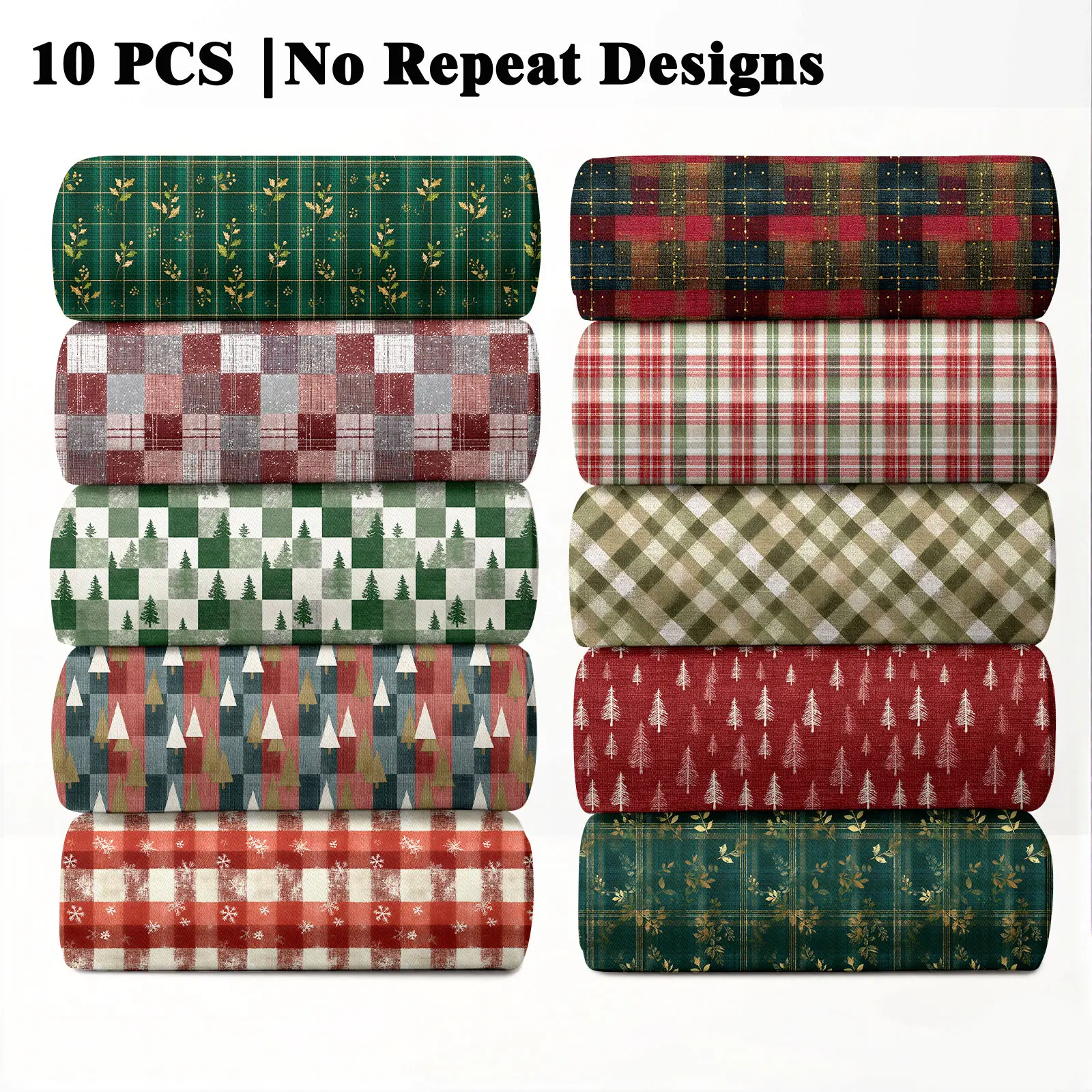 10PCS Simple Christmas Print Fabric Bundles, 23x55cm (9x22in) Minimalist Holiday Style Pattern Quilting Home Decor DIY