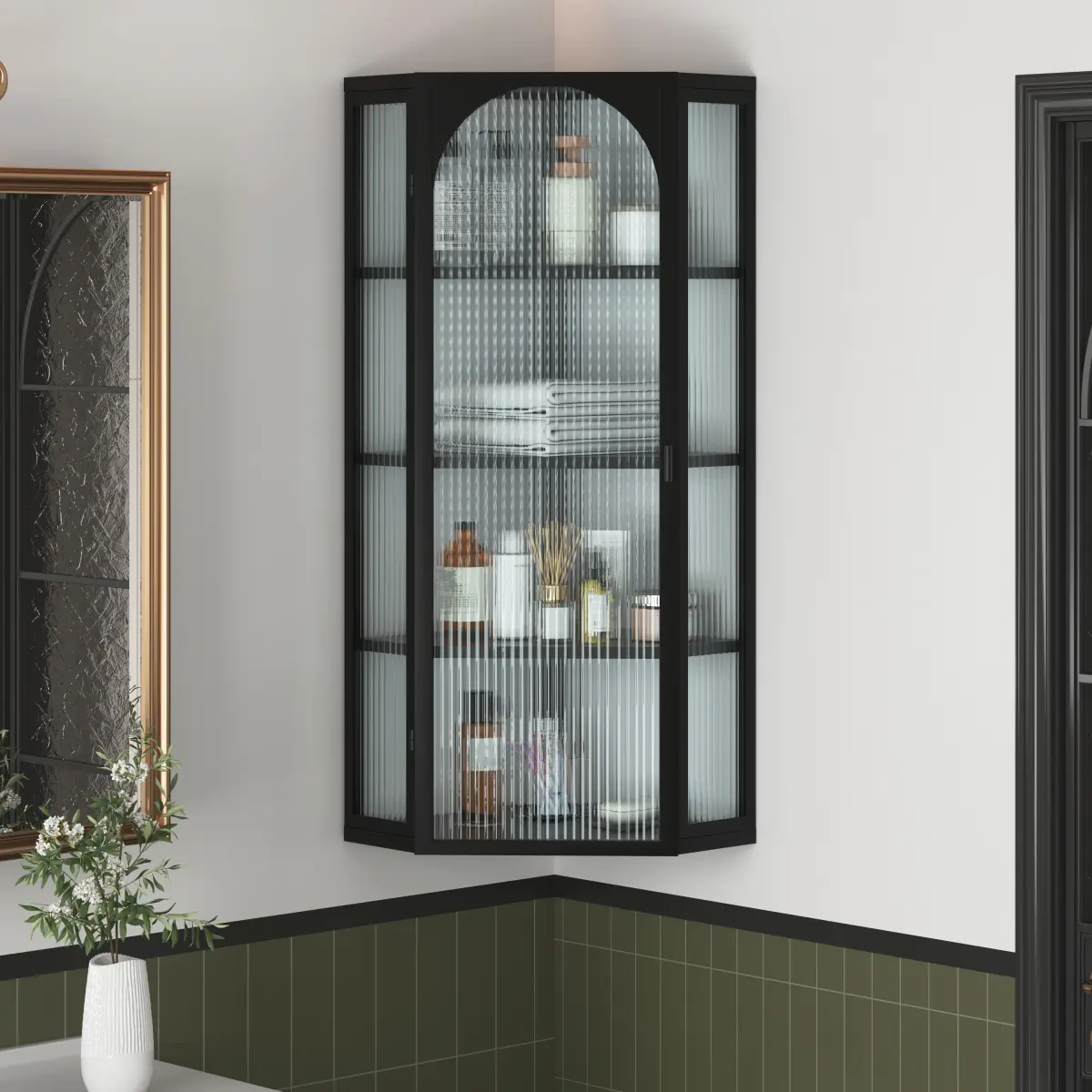 Glass Door Wall Mounted Corner Cabinet with Featuring Four-tier Storage for Bedroom, Living Room, Bathroom, Kitchen, Black