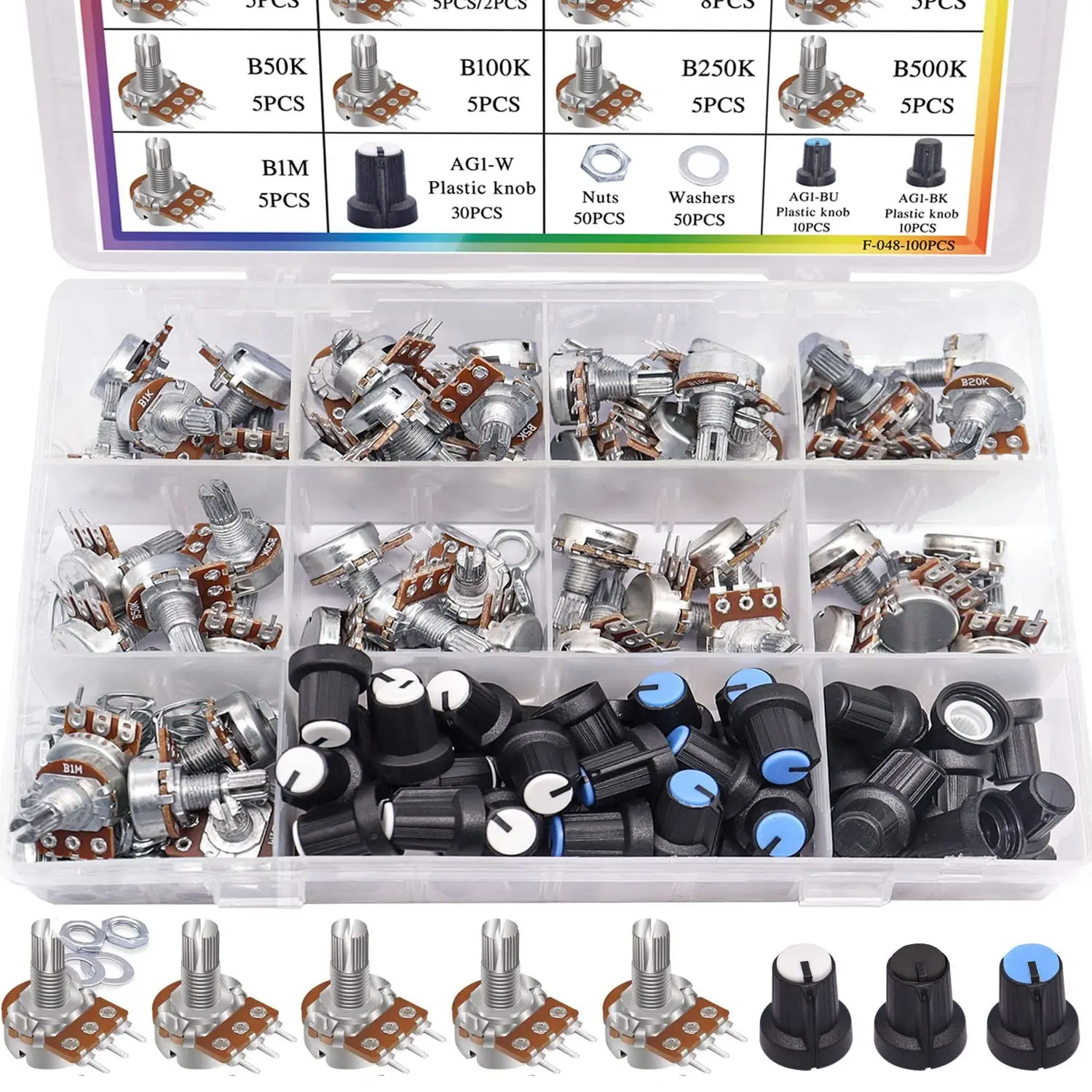 200PCS Potentiometer Kit with Rotary Knobs, WH148 B1K 5K 10K 20K 50K 100K 250K 500K 1M Ohm Single Linear Taper Rotary Audio B Type Potentiometer Assortment with Nuts and Washers
