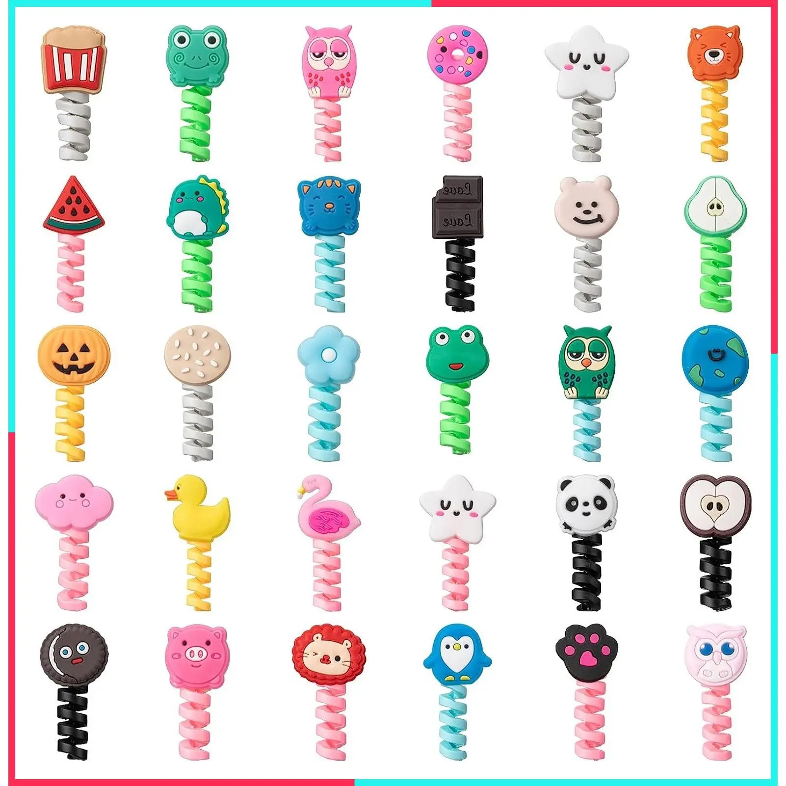 32pcs Cartoon Animal Charger Cable Protector, Cute Silicone Wire Saver for Phone Charger Cord, Flexible Spiral Prevents Breakage, Colorful Cartoon Buddies USB Data Lines, 2 x 3 cm