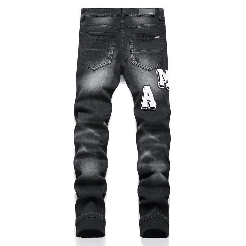 Men's retro black jeans with ripped holes, trendy stretch slim fit, fashionable pants, versatile men's pants Casual