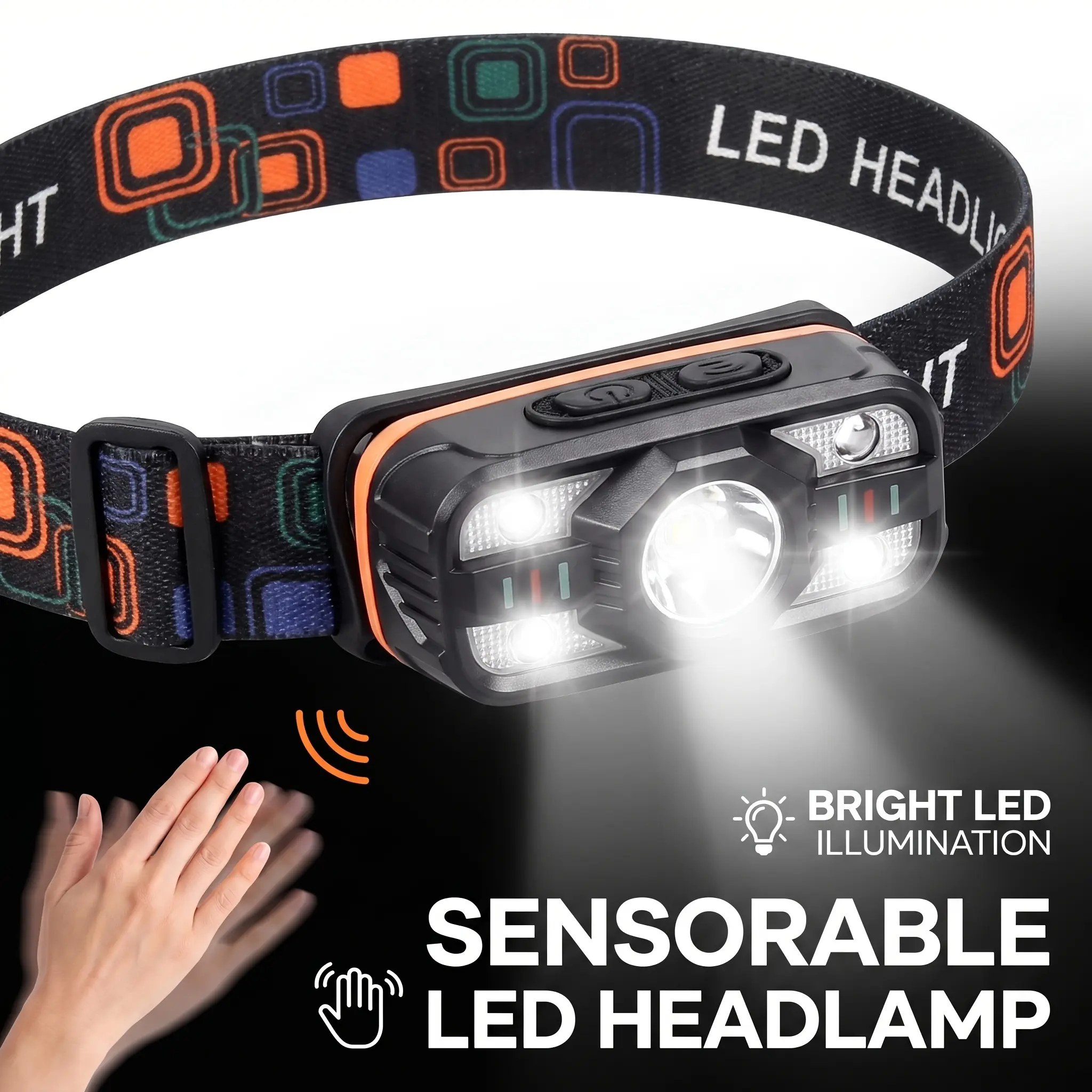 Smart LED Motion-Sensor Headlamp with COB Floodlight, Adjustable Beam Angle, and USB Charging – Ideal for Hiking, Camping, Night Work, Running, Night Patrols, Reading, Outdoor Adventures, Search and Rescue, and Caving.