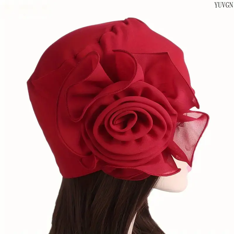 Women's Elegant Floral Turban Hat with Side Flower, Soft Stretch Chemo Headwear, Lightweight Breathable Beanie Cap, 1 Size, One Size