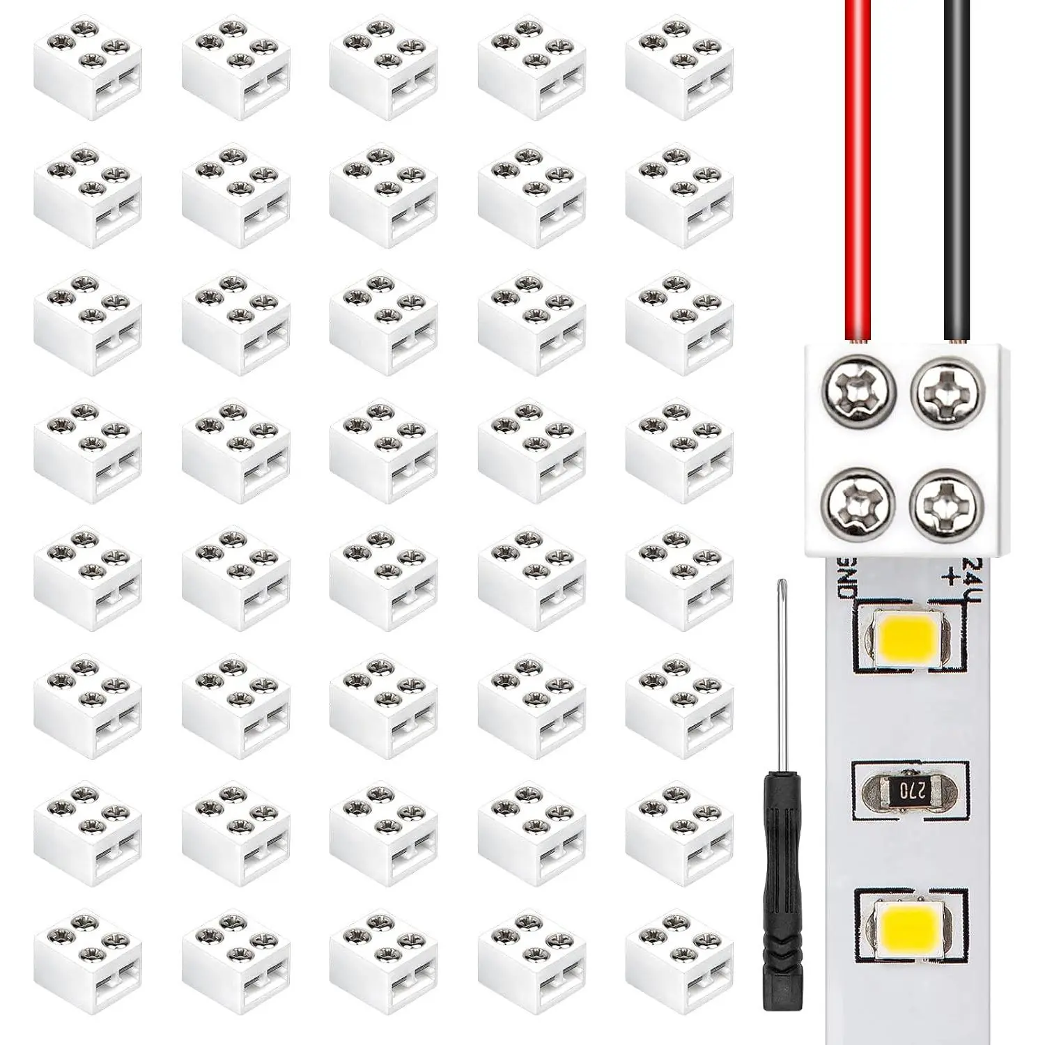 40 Pack Solderless LED Strip Connectors, 2 Pin LED Connectors for 5V 12V 24V Low  Strip Lights, Screw Down 8mm Tape to Wire, Easy-to-Install LED Tape Light Connector with