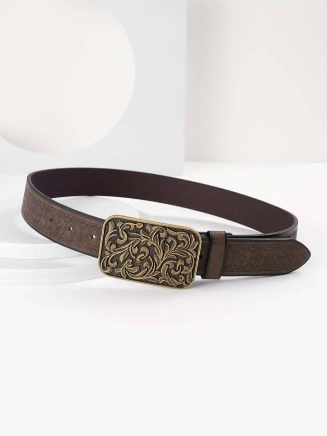 Boho Style Vintage Flower Embossed PU Buckle Belt, Fashionable Western Style Belt for Women & Men, Trendy All-match Belt for Birthday Gift for Outfit Matching, Elegant Belt Buckle, Western Concho Belts, Cowboy Cowgirl Belt