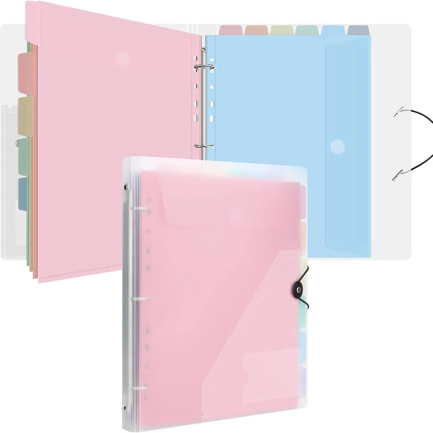 A4 Binder, Folio Document Organizer, 3 Ring Folder Letter Size | Cute 12-Pocket Life Binder for Paper, Files, Photos, Letters, Cards (Clear-Macaron)