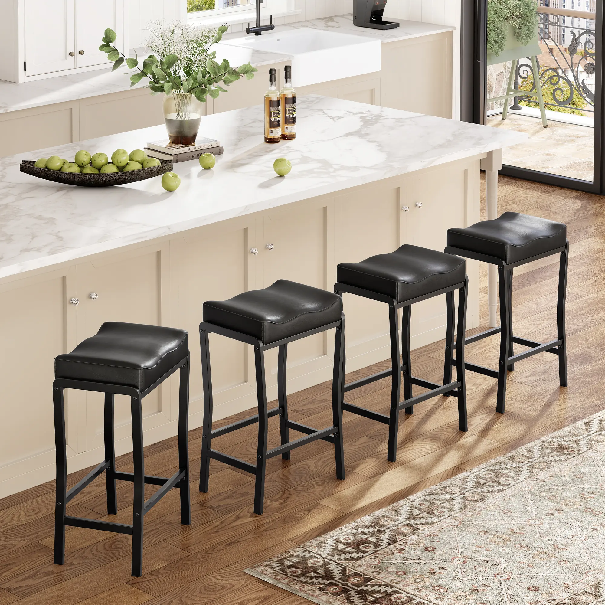 Bar Stool, 26 Inch Counter Height Modern Barstools with Thick Seat, Metal Frame & Footrest, Faux Leather Saddle Stools for Kitchen Island, Dining Room