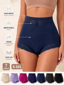 7 Pack Cross Wrap High Waist Shaping Panties, Crisscross Tummy Control Shapewear Briefs with Lace Trim Hem, Plus Size S-6XL Butt Lifter Slim Underwear, Invisible Smooth Shaper for Daily & Dress Outfit Layering