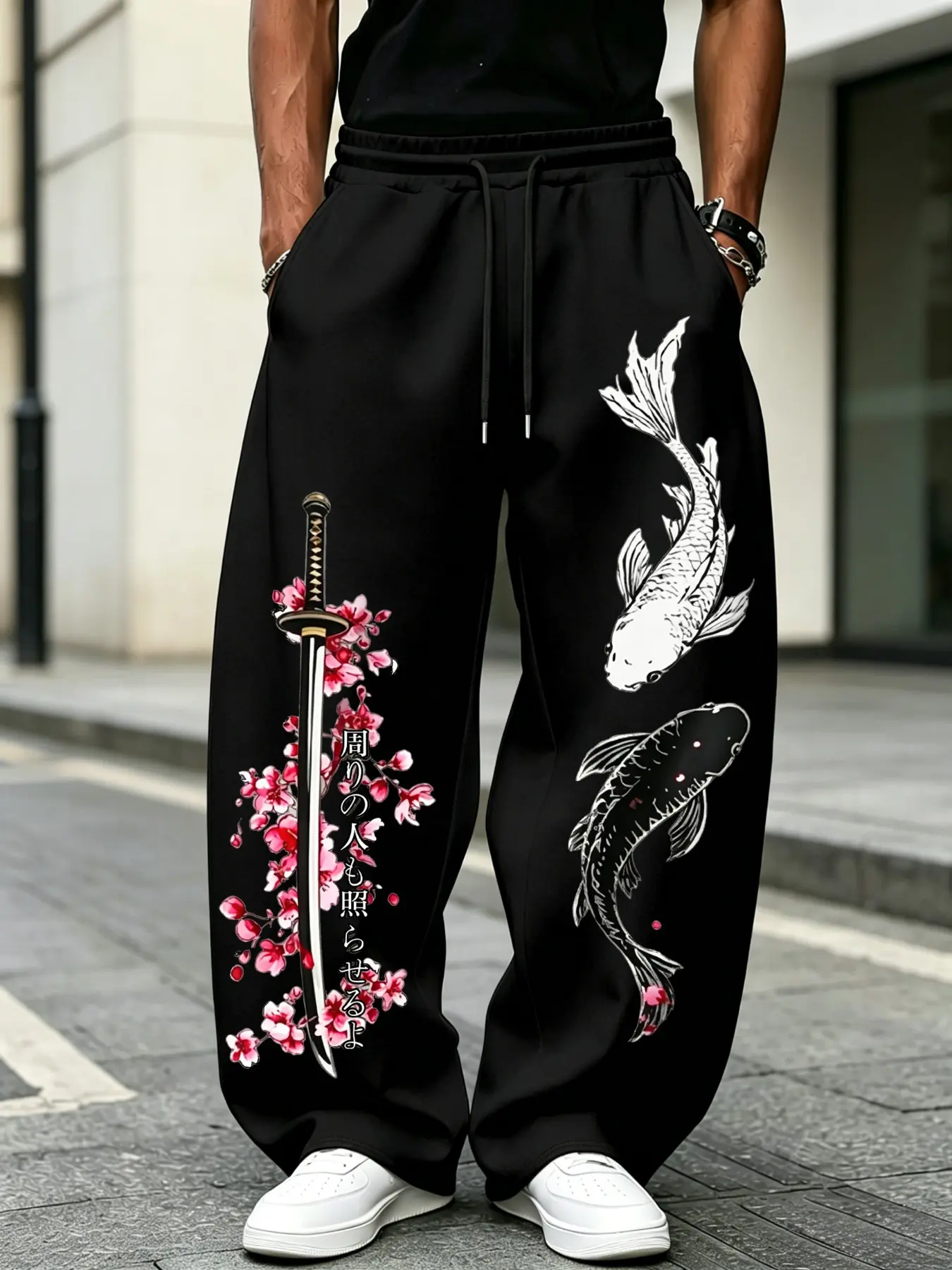 Men's Fish Sakura Sword Pattern Drawstring Waist Oversized Baggy Loose Long Pants, Casual Comfortable Jogger, Classic Fashion Trendy Men's Pants, Casual Streetwear Trousers