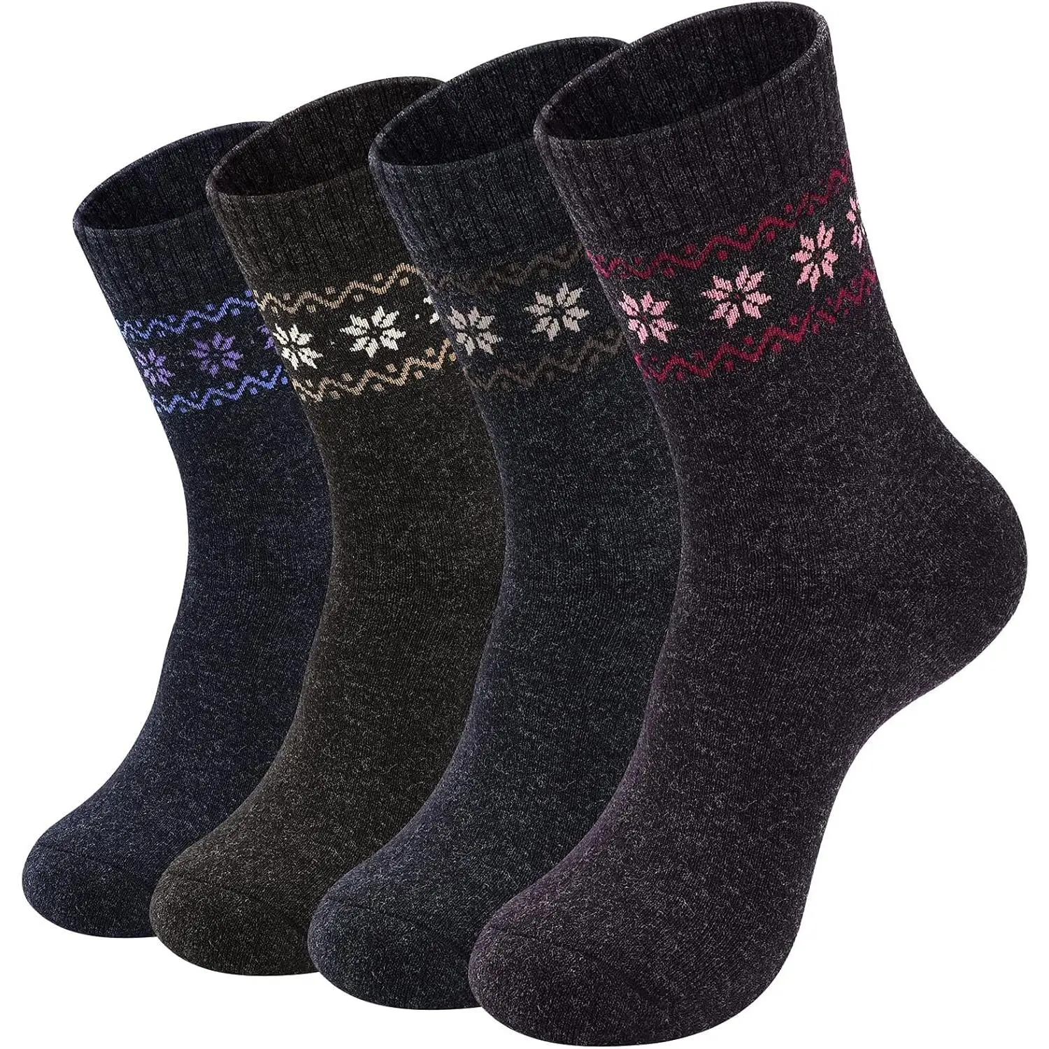 4-Pack Female Thick Merino Wool Winter Hiking Socks, Warm Soft Comfortable Knit Outdoor Recreation Socks for Women (New Model)