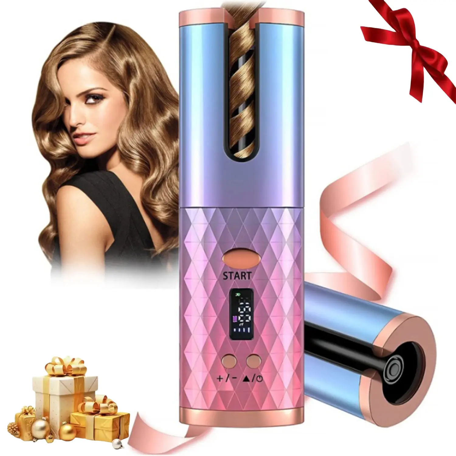 Automatic Cordless Curling Iron with LCD Display, Adjustable Timer and Temperature, USB Portable Rotating Ceramic Barrel, Quick Heat