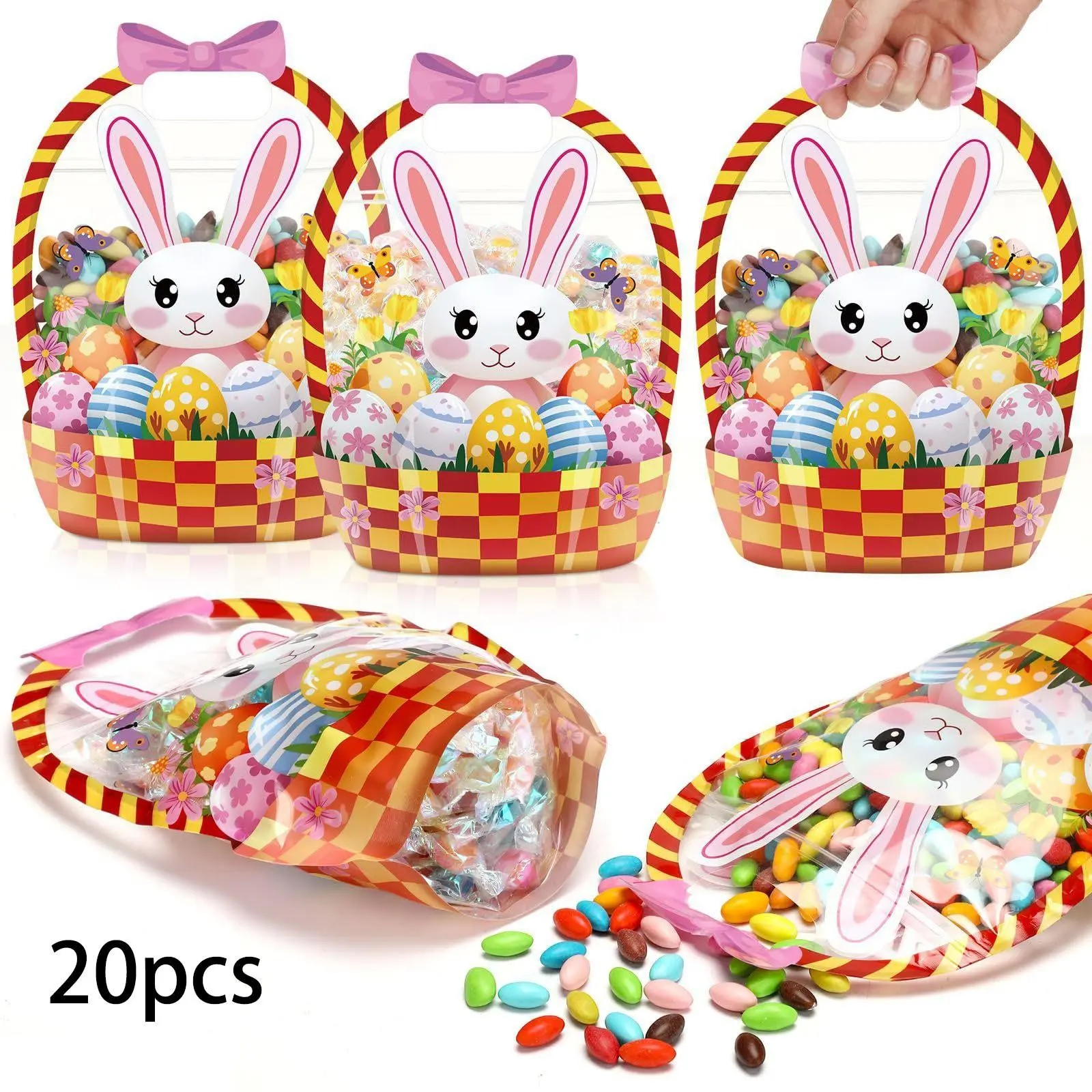 20 Reusable Easter Bunny Gift Bags with Handles, Transparent Party Favor Bags for Egg Hunts, Candy, Classroom Gifts, Easter Basket Filling