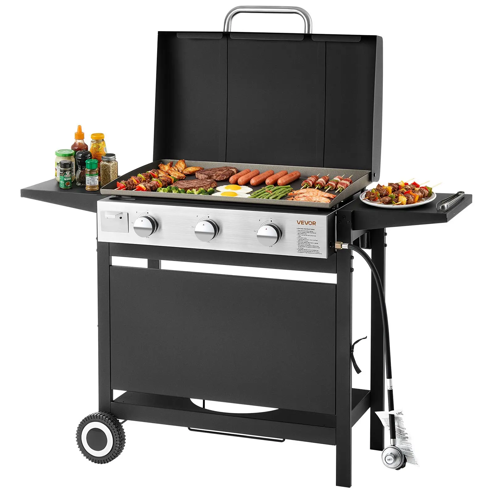 VEVOR Gas Griddle, 3-Burner Flat Top Grill, Propane Griddle with Wheels, Lid, 3x 11000 BTU Outdoor Flat Top Grills for Pan-Frying, Grilling, Stir-Frying, BBQ, Pulse Ignition, Removable Top Design