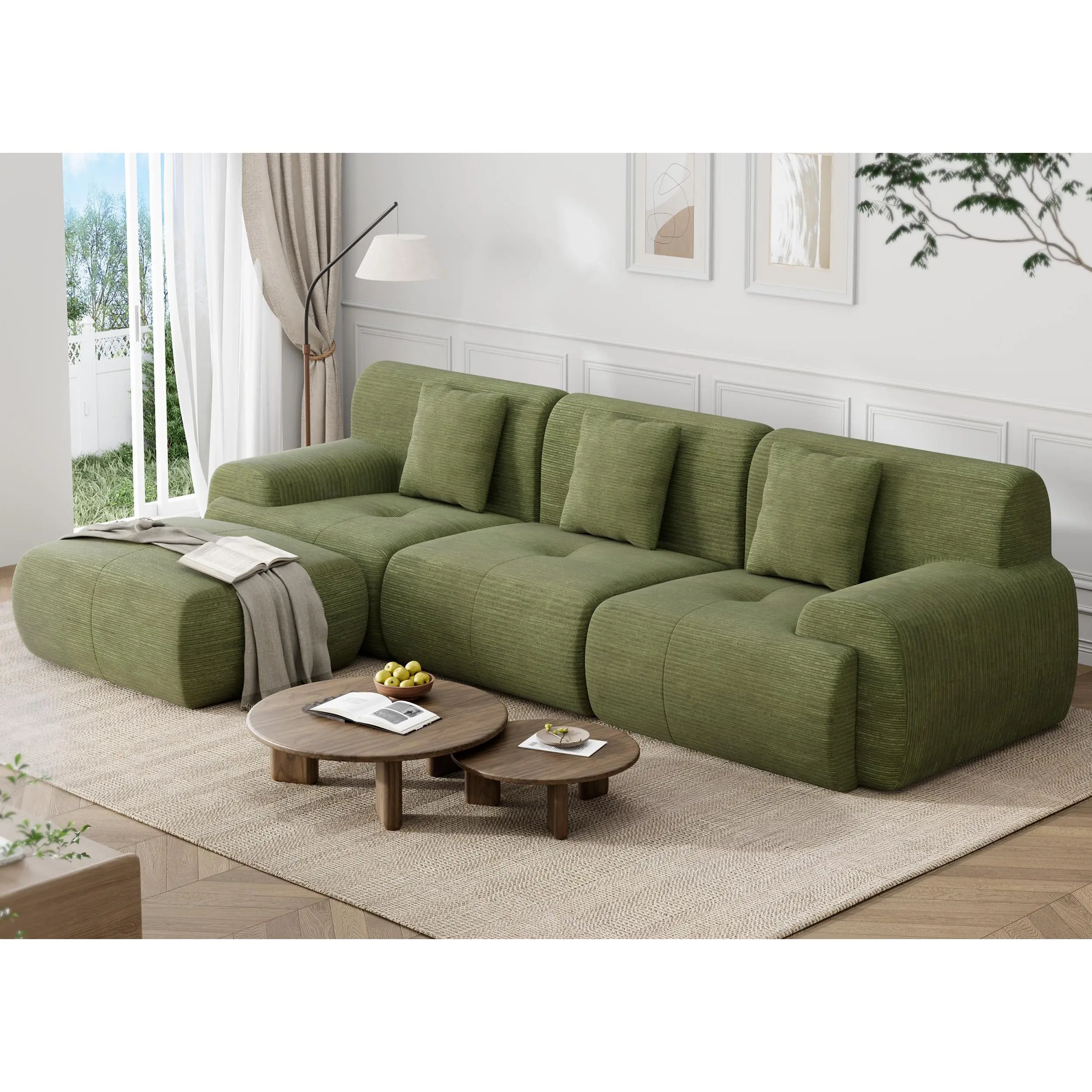 Garvee Modular Boneless Sectional Sofas in Corduroy Fabric: L Shaped, U Shaped, and Two Loveseat Couch Sets Available in Green, Grey, and Brown for Living Room and Bedroom Use with Deep Seating and Flexible Configurations
