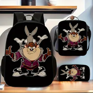 Looney Tunes Beastman printed three-piece school bag set, including a backpack, insulated lunch bag, and pencil case, suitable for teenagers' daily school use