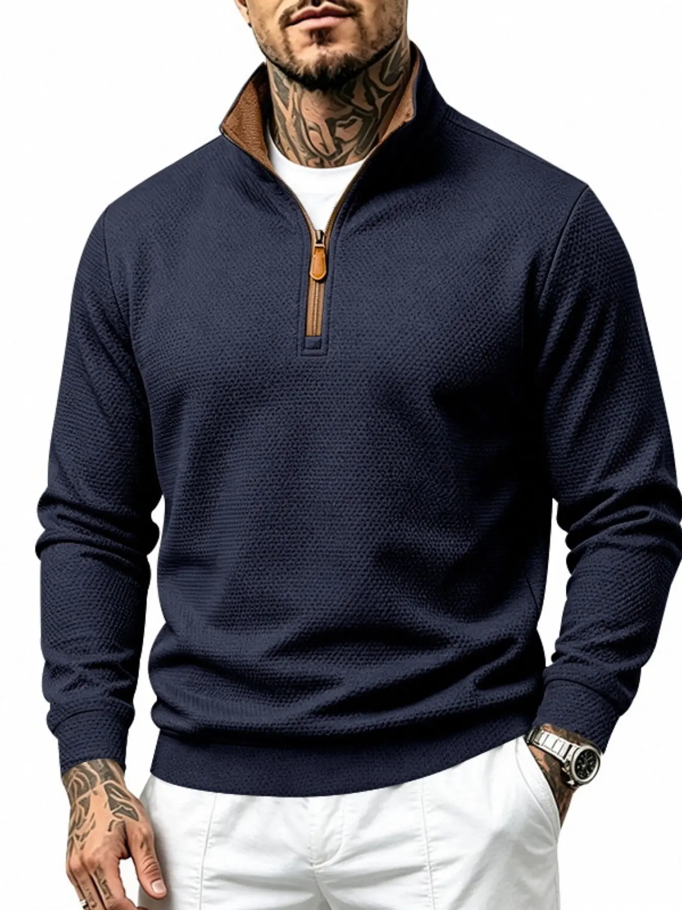 Men's waffle knit half-zip half-collared long-sleeved pullover hoodie, thickly padded hooded sports hoodie for autumn and winter daily wear and light business casual look, retro half-zip commuter hoodie.