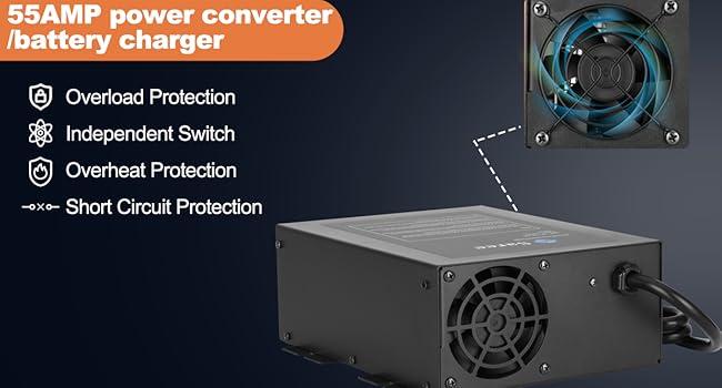 55A RV Power Converter 110VAC to 12VDC RV Converter 55 Amp RV Power Converters with Built-in 4 Stage Smart Battery Charger for Lithium Batteries RV Converters Fully Adjustable Output from 13V to 16.5V