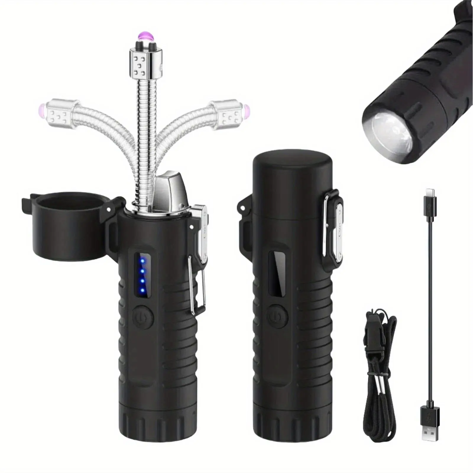 Windproof And Electric Lighter, Outdoor Camping Lighter, Flashlight Lighter, USB Rechargeable Lighter, Pulse Plasma Lighter, Portable Lighter, 360° Rotating Telescopic Lighter, Camping Hiking Survival Camping Ignition Tool