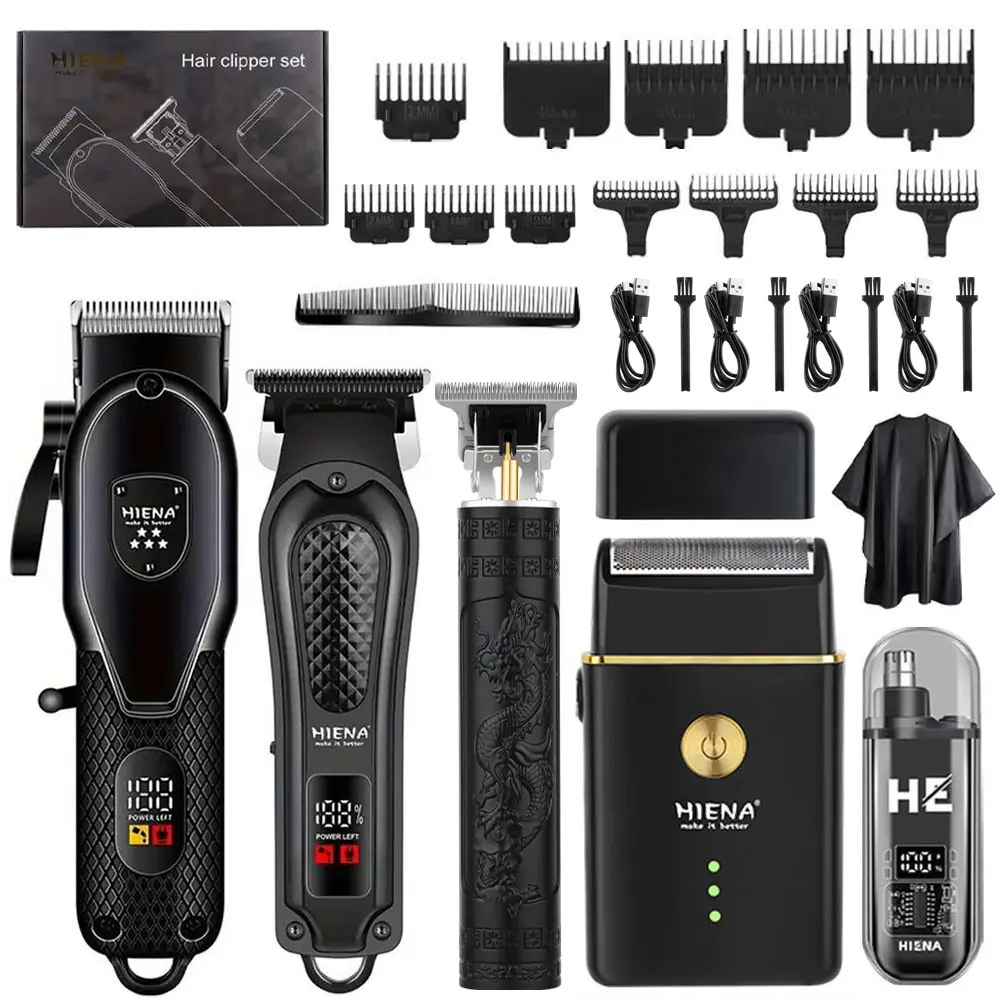 Multi-functional grooming kit, Cordless trimmers kit, featuring a five-in-one hair clipper, beard trimmer, shaver, and nose hair trimmer, designed for men. This wireless rechargeable kit comes with an LED display, ideal for barbers and personal use