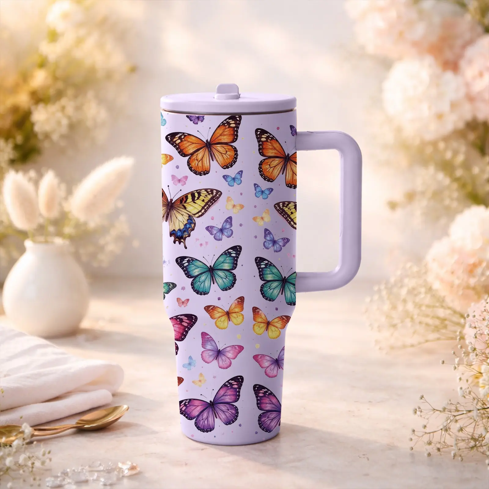 1 Pc 40 Oz Stainless Steel Insulated Stylish Tumbler with Handle, Foldable Straw and Lid, Aesthetic Colorful Butterfly Print on Cream Background, Double-Wall Vacuum Cup, Keeps Hot 12 Hours and Cold 24 Hours, Birthday or Anniversary Gift for Women