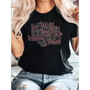 SEUNGMIN, HANJIN, BANGCHAN, LEE, KNO, WYUNJIN Printed T-shirt, Summer, Round Neck Short Sleeve T-shirt, Casual Daily Top, Women's Clothing