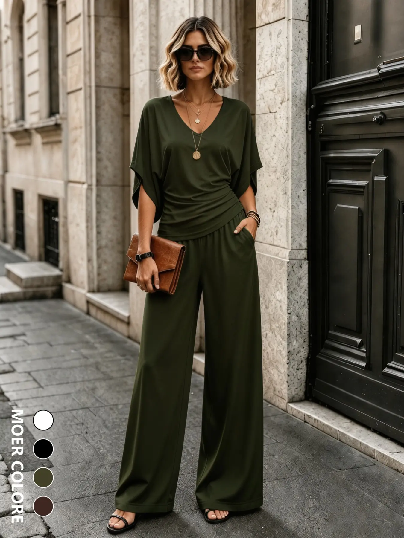 Women's Two-Piece Set, Spring Fall Fashion Casual Ruffle Batwing V-Neck Slim Fit T-Shirt & Wide Leg Pants, Soft Comfortable Elastic, Multi Colors