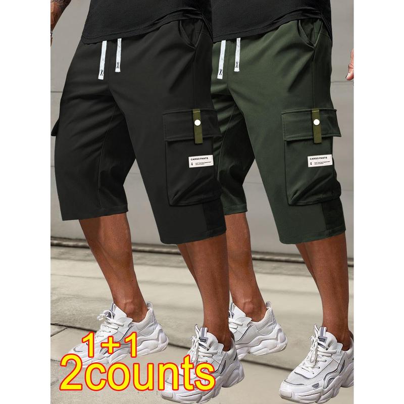 Men's 2-Pack Active Sporty Cargo Shorts (S Size), Black & Khaki, Loose-Fit Lightweight Breathable Quick-Dry Nylon Fabric, Multi-Cargo Pockets, Ideal for Running, All Day Leisure Outings - 2 Counts Male Sports Clothing