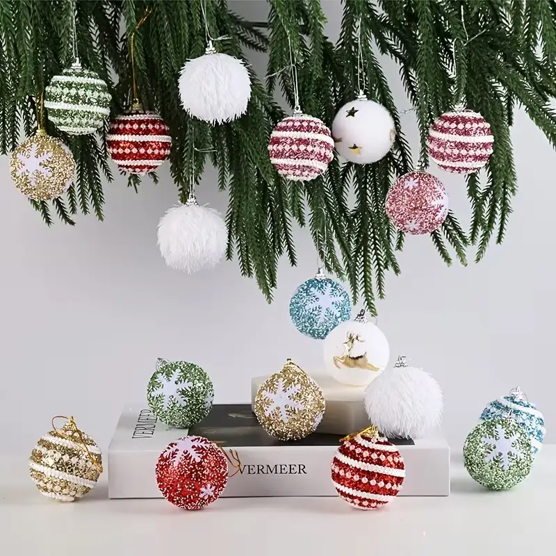 16 Pcs 2.36 Inch Shatterproof Christmas Ornaments - Plush & Glitter Hanging Baubles with Snowflakes & Gold Reindeer for Tree Holiday Decor