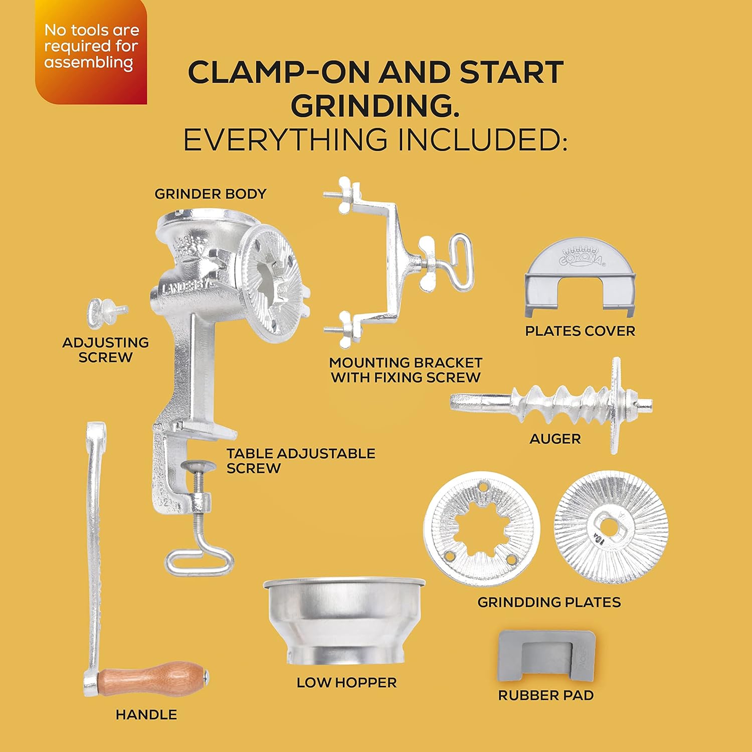 Corona Corn  with Low Hopper, Grain Mill, Manual  For Corn, Rice, Soybeans, Pepper, Chickpeas, Cast Iron Wheat  For Domestic Use