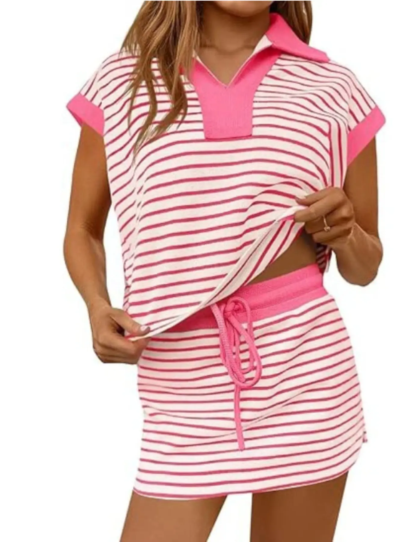 2026 New Autumn Collection Women's Striped Short-Sleeve & Drawstring Skort Set, Athletic Sporty Casual Style, Trendy Two-Piece