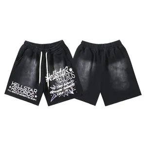 HELLSTAR Summer New Drop Washed Cotton Athletic Shorts for Men, Breathable Fitness Gym Streetwear Casual Shorts, Star Pattern Letter Print Y2K Hype Vintage Washed Baggy Comfortable Soft Lightweight Running Basketball Shorts – Summer Essentials