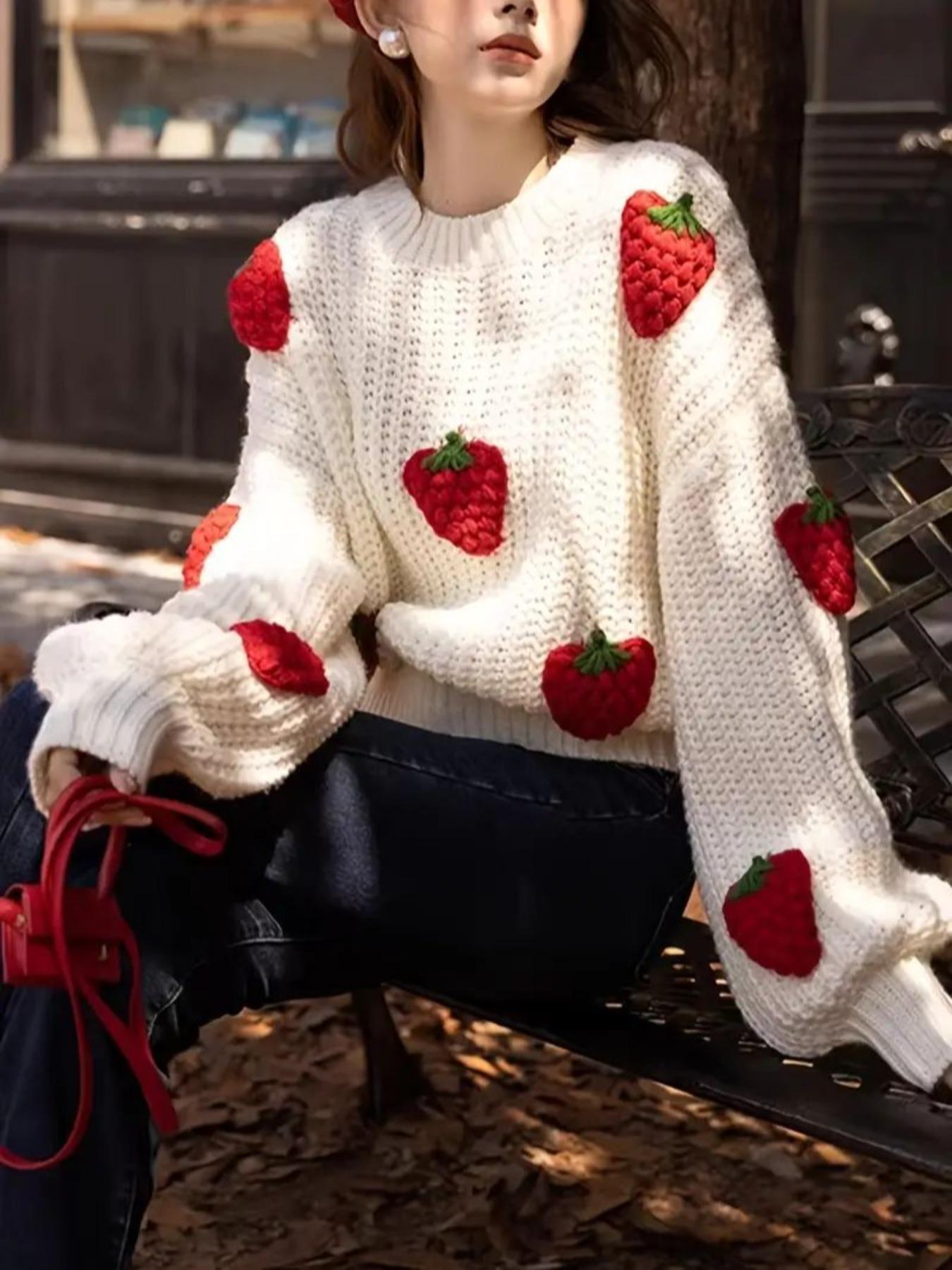 Women's Strawberry Pattern Drop Shoulder Sweater, Casual Long Sleeve Round Neck Jumper for Fall & Winter, Fashion Ladies' Knitwear for Daily Wear, Going Out Tops, Sweaters for Women