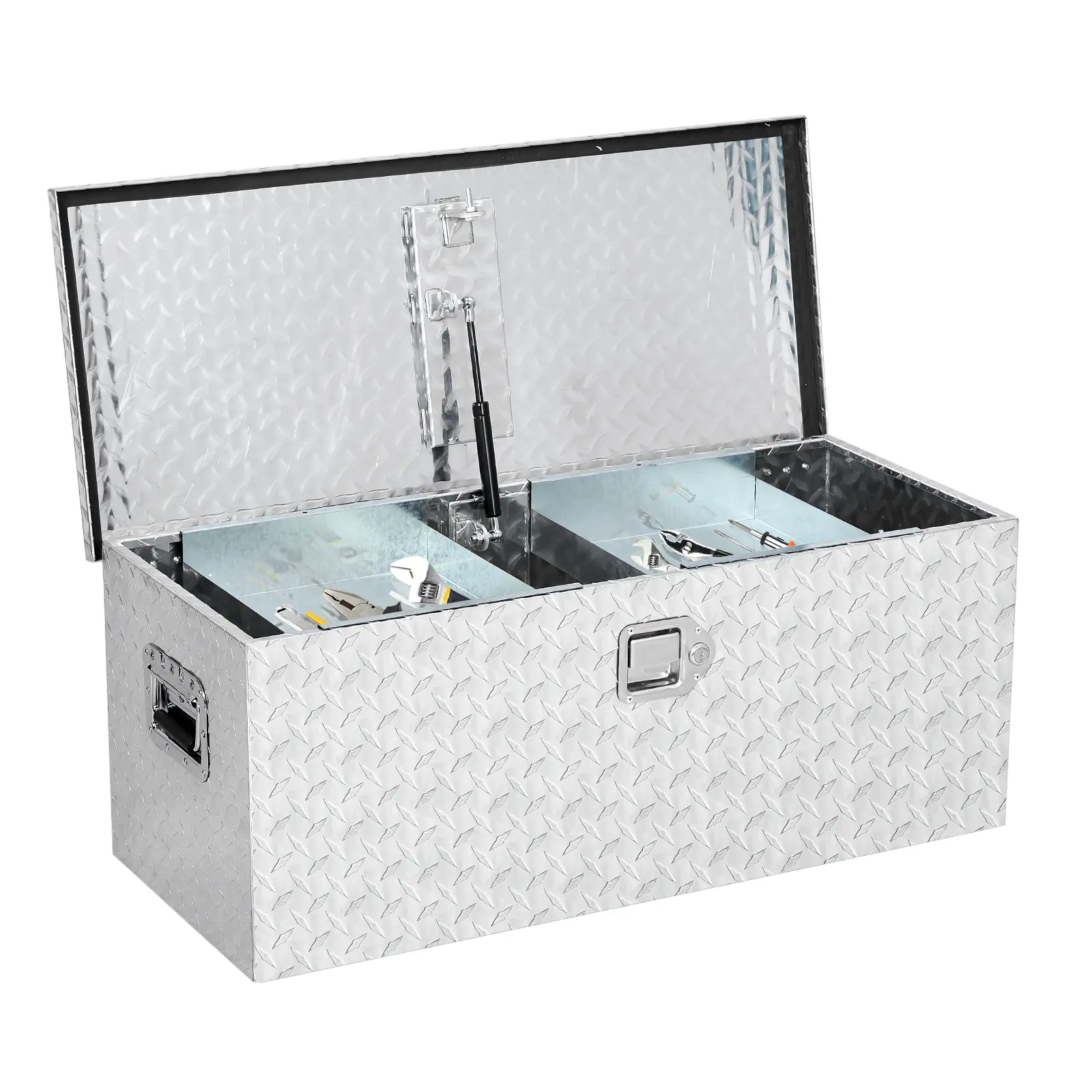 Heavy Duty Aluminum Truck Bed Tool Box, Diamond Plate, 35x15x14 in - Lockable, Weatherproof Storage Chest with Sliding Shelf, Side Handles, for Pickup, Trailer, RV - Low Profile, Secure, Durable