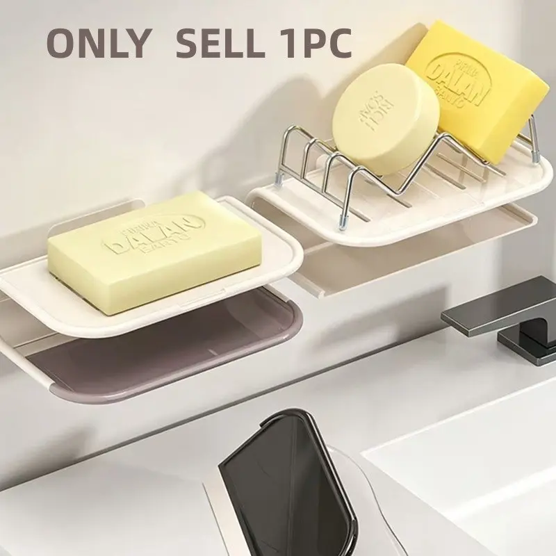 No-Drill Wall-Mount Soap Holder, Dual-Layer Draining Soap Dish with Detachable Tray, Rust-Resistant Bathroom Soap Rack for Shower and Sink