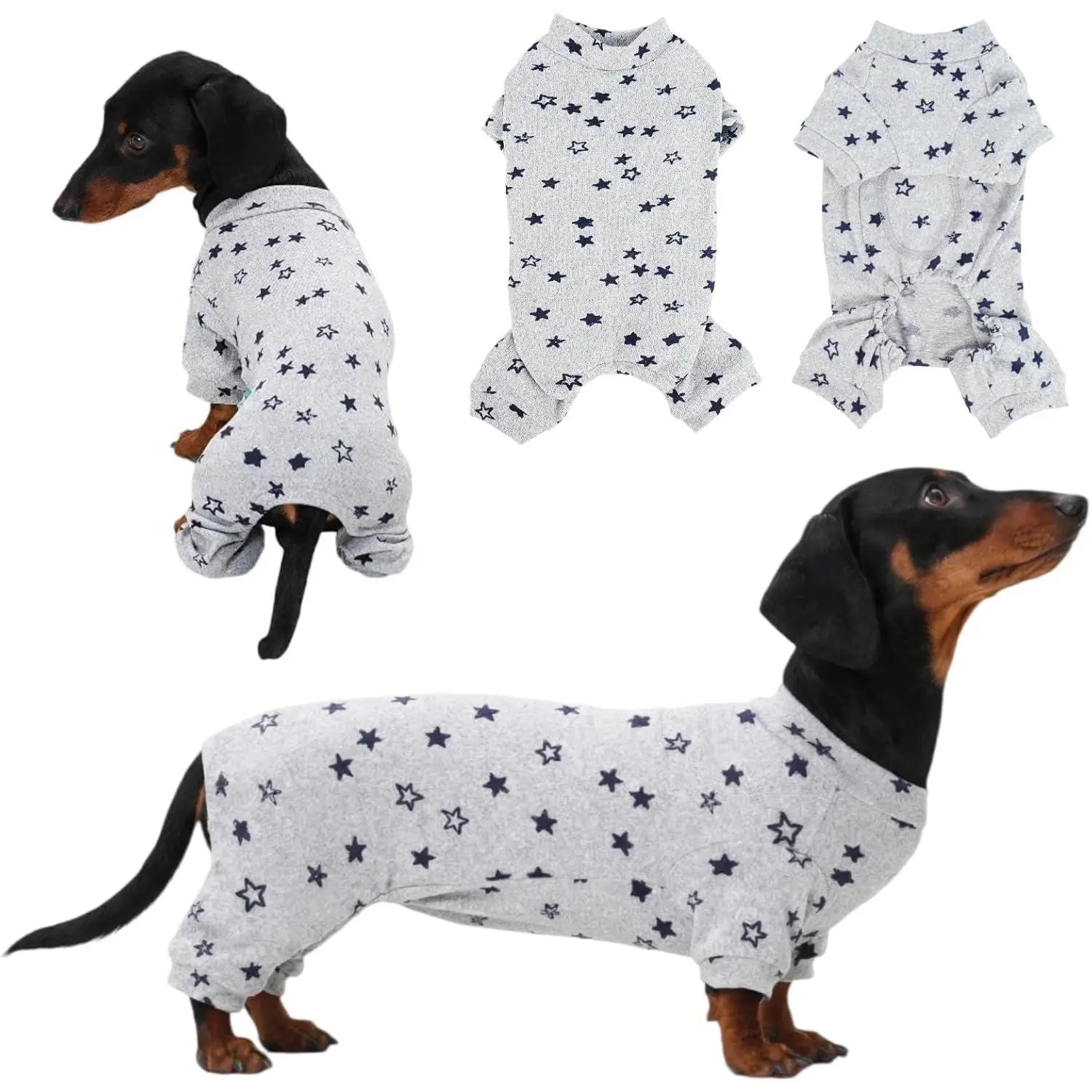Dachshund Fabric Onesie Clothes - Durable, Machine-Washable, 4-Way Stretch Calming Wrap Recovery Suit for Weenies, Eases Separation Anxiety, Provides Warmth, Contains Shedding, Star Print, 5 Sizes (XS-XL), Size M
