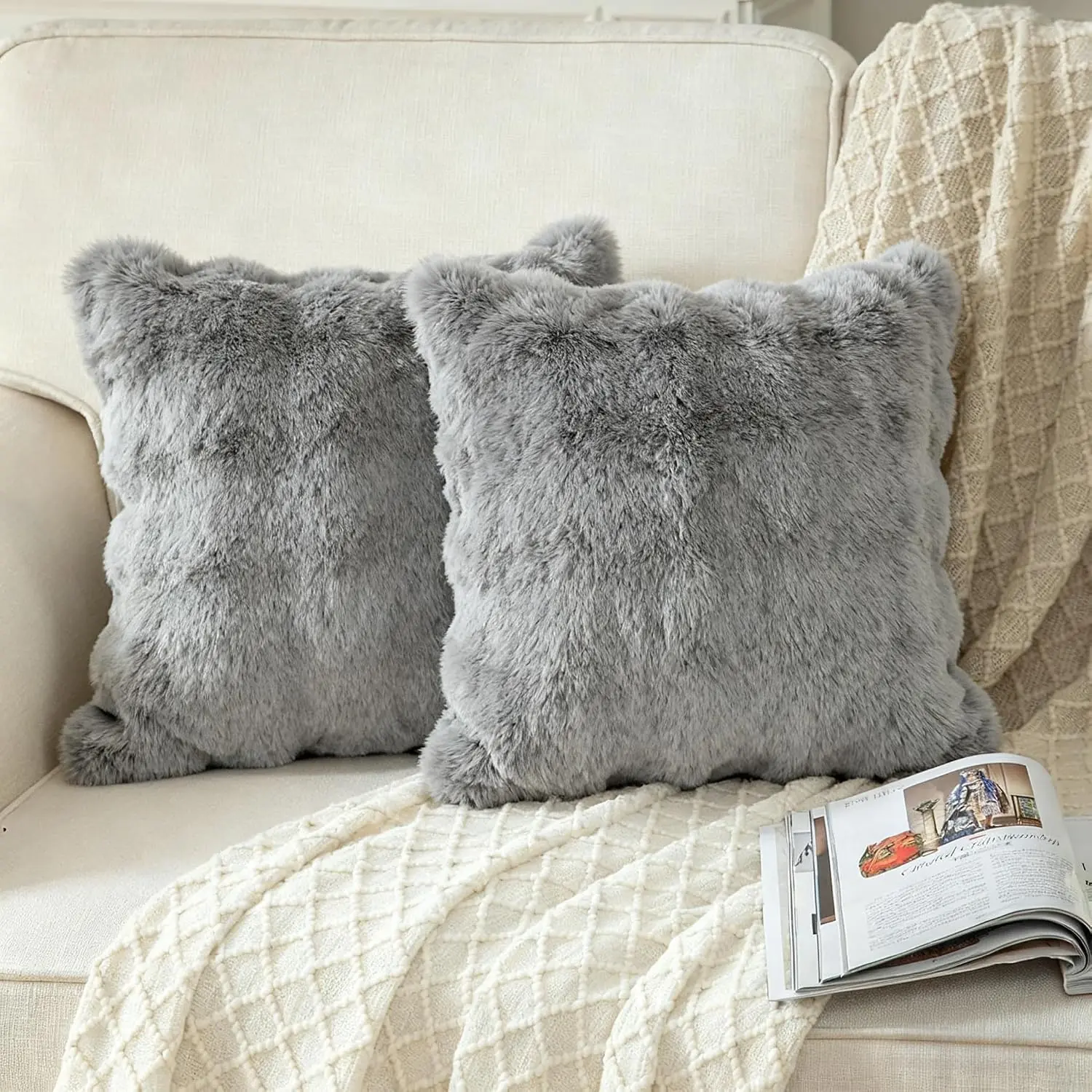 Set of 2 Luxury Decorative Pillow Covers 18x18 Inch Ultra Soft Faux   Pillowcases  Decorative Pillow Covers with  Wave/Check Pillow Covers for Sofa Couch Living Room (Gray)
