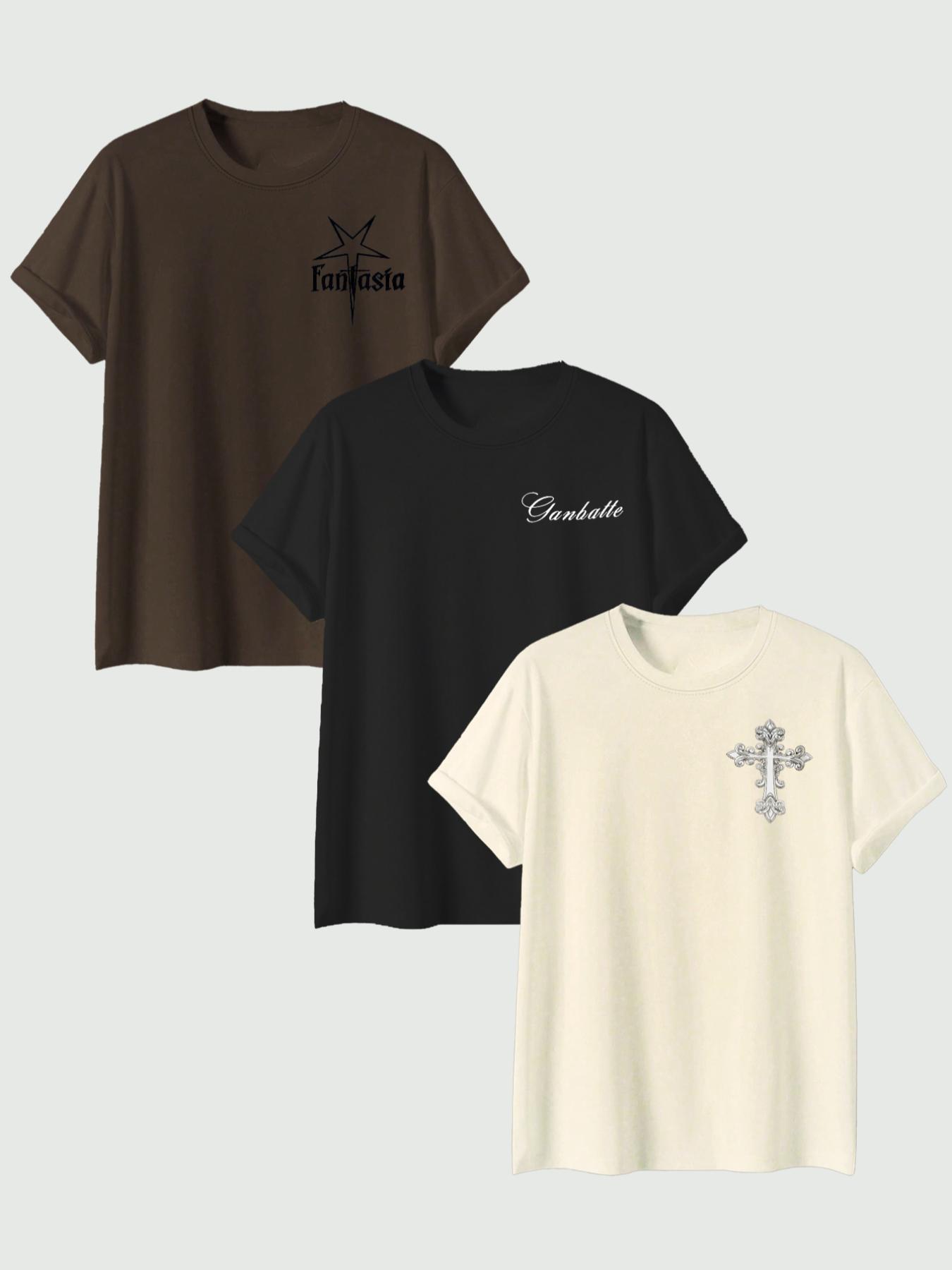 Men's Star & Letter & Wings Print Round Neck Knitted Tee, Regular Fit Casual Short Sleeve T-shirt, Men's Summer Top for Daily Wear