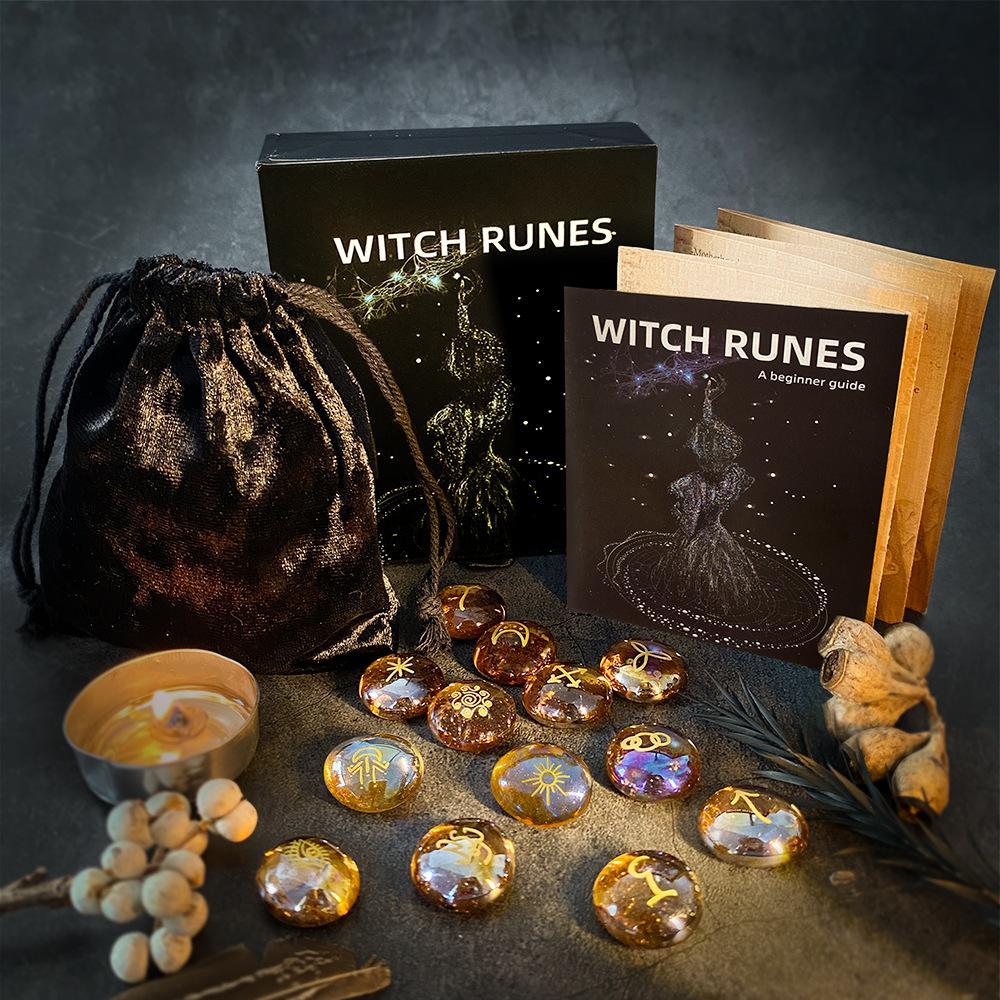Witch Runes Set, 1 Set Glass Divination Stone with Storage Bag & Guidebook, Party Supplies for Mystical Gatherings, Witchcraft Gift Kit for Adults, Party Event Props