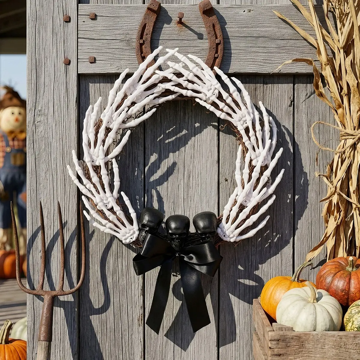 Halloween Skeleton Hand Wreath Door Hanger, Black Bow Ghost Hand Door Decor, Gothic Bone Hanging Ornament For Front Door, Outdoor Indoor Prop For Halloween Party Haunted House Window Decoration, Atmosphere Accessory, Halloween Decorations Outdoor