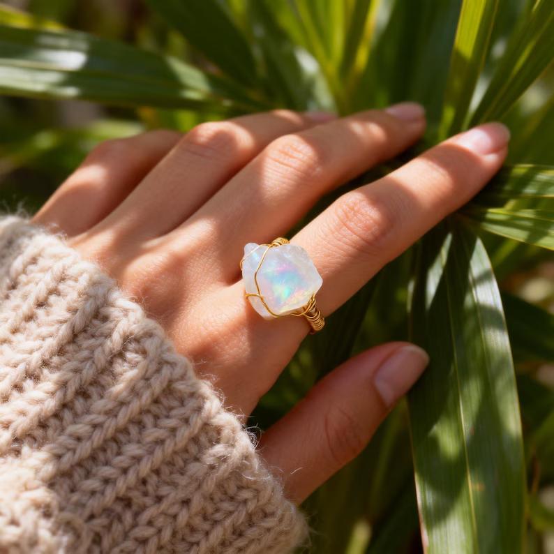 Raw Healing Irregular Natural Stone Ring Statement Copper Wire Wrapped Gemstone Adjustalble Ring Jewelry for Women