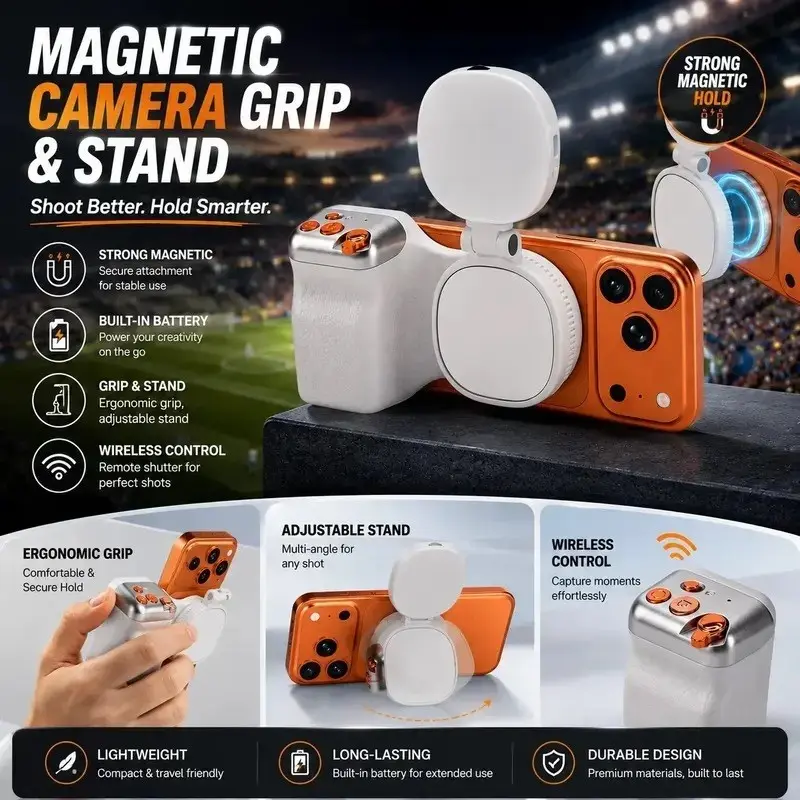 Magnetic Phone Camera Grip + Light Kit, Zoom Handheld Stabilizer, Wireless Remote Shutter, Smartphone Accessories for Vlogs