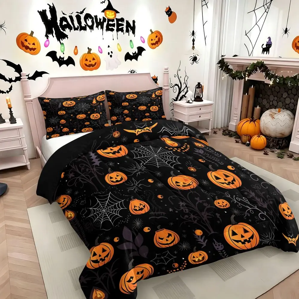 2/3Pcs Halloween Pumpkin Comforter Set Spooky Spider Web Quilt Bedding Set with Pillowcase, Soft Microfiber Gothic Holiday Bedspread for Kids Adults Bedroom Decor, All-Season Bedding Set No Pillow Core